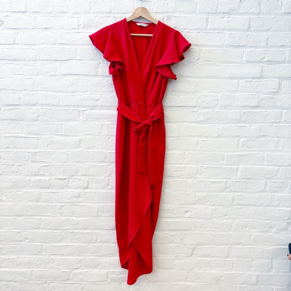 Amanda Uprichard || Martinique Belted Midi‎ Dress Ruffle Sleeve Red Small